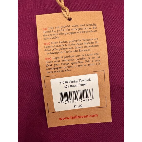 Fjallraven Vardag Totebag Royal Purple NWT $75 Backpack Handles Zip - Picture 5 of 9